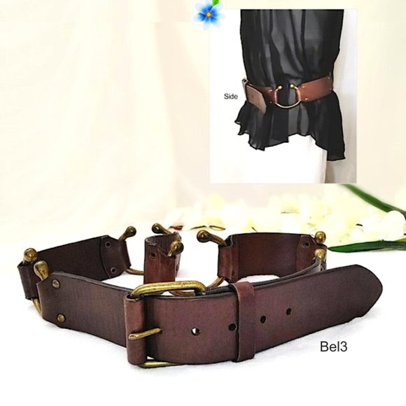 Handmade Belt Brown Genuine Leather Brass Tongue Buckle Antiqued Horseshoe Links - Picture 1 of 13